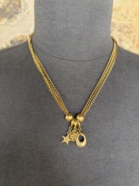 gold Tone Multi chain Necklace Star Charm Pendant Layered Statement Vintage
